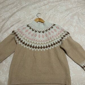 Zara Beige and Pink Fair Isle Turtleneck Sweater